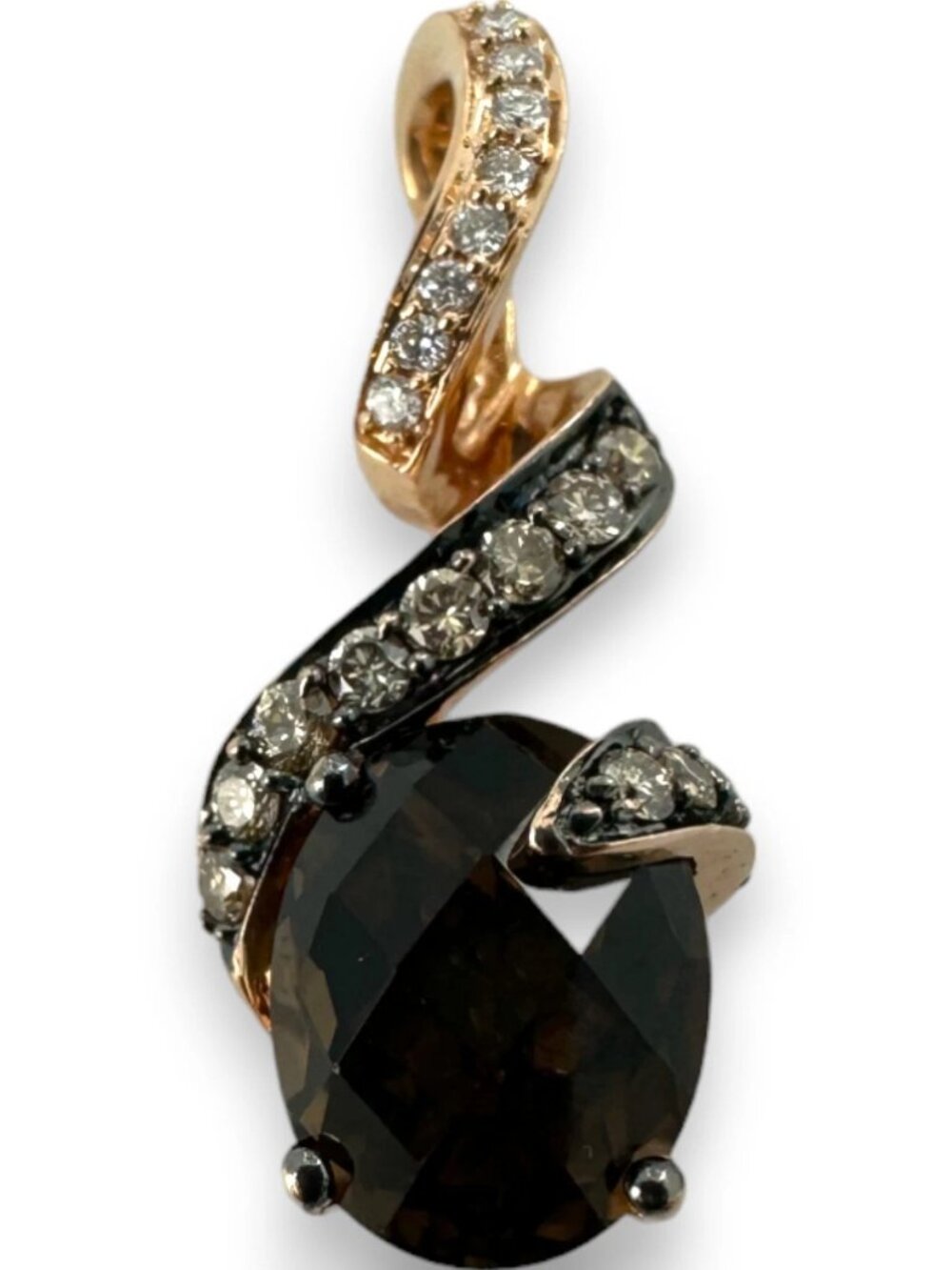 LeVian 14kt Rose Gold Smokey Quartz Chocolate White Diamond Ribbon Pendant Charm